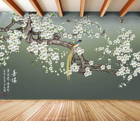 原创手绘梅花喜鹊喜梅背景墙壁画