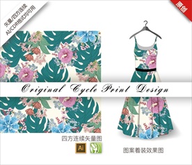 矢量手绘木槿四方连续