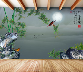 原创竹子花鸟竹报平安装饰画背景