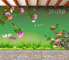 原创牡丹花鸟花开富贵背景墙