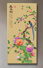 原创玄关梅花喜鹊牡丹花鸟图壁画