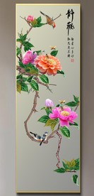 原创玄关牡丹花鸟静观装饰画