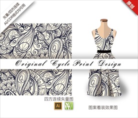 矢量线描腰果花四方连续