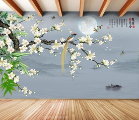 原创手绘玉兰喜鹊雅诗兰香背景墙