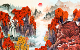 满山红国画电视背景墙
