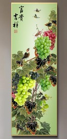 原创玄关葡萄花鸟富贵吉祥装饰画