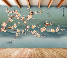 原创梅花喜鹊花语风景画背景墙