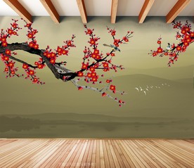 原创手绘梅花喜鹊装饰画背景墙