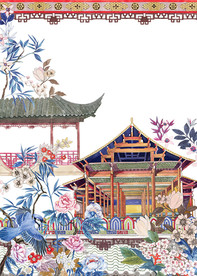 中式彩色手绘建筑