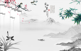 梅花新灰色山水画 TIF分层