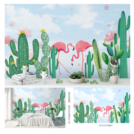 小清新火烈鸟仙人掌植物背景墙