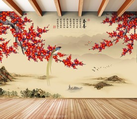 原创手绘梅花喜鹊装饰画背景墙