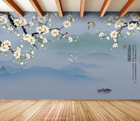 原创手绘玉兰花鸟装饰画背景墙