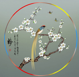 原创手绘梅花喜鹊圆型装饰画壁画