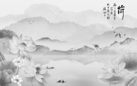 中式 灰色山水画 TIF分层画