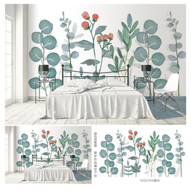 水彩浅色小清新安静植物背景墙