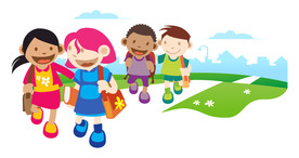 小学生结伴上学放学途中