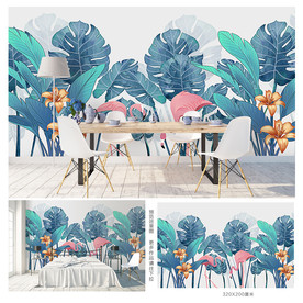 蓝绿色热带植物背景墙模板