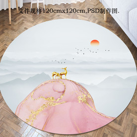 新中式发财鹿禅意圆形地毯