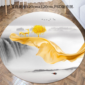 新中式古风麋鹿山水圆形地毯