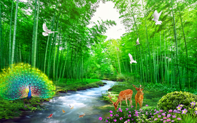 孔雀竹林风景电视背景墙