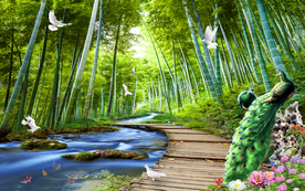 竹林独木桥孔雀风景背景墙