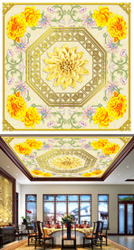 富贵牡丹中式浮雕花纹吊顶