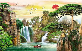 迎客松山水瀑布电视背景墙