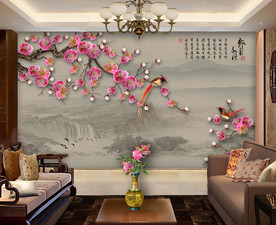 原创梅花喜鹊山水装饰画背景墙