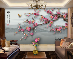 原创手绘梅花花鸟装饰画背景墙