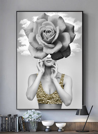 美女花朵金箔黑白装饰画