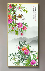 原创玄关牡丹花鸟装饰画壁画