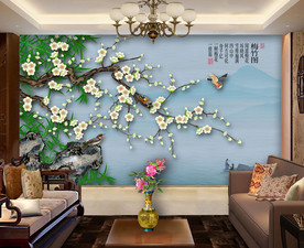 原创梅花竹子花鸟装饰画背景墙