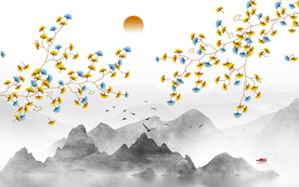 新中式手绘花鸟银杏背景墙