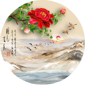 原创牡丹大理石山水园形装饰画
