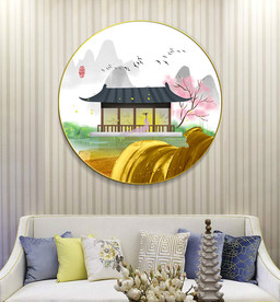 新中式古典建筑笔刷晶瓷装饰画