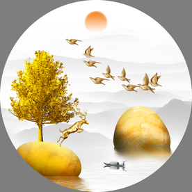 发财树麋鹿山水石来运转装饰画