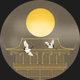 新中式国潮风金色建筑仙鹤装饰画