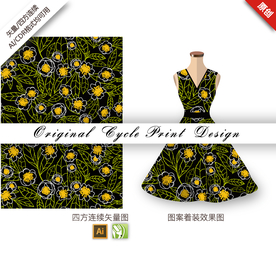 手绘线描金花茶四方连续