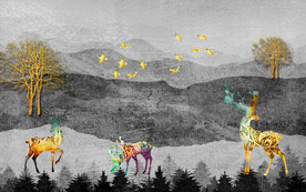 麋鹿山水水墨国画 TIF分层