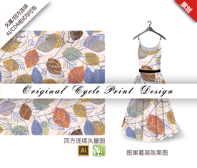 抽象线描树叶四方连续