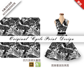 单色线描芭蕉叶四方连续