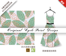 手绘线条树叶四方连续