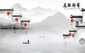 徽派山水背景墙画 TIF分层