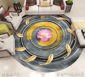 新中式水墨抽象金鱼戏荷圆形地毯