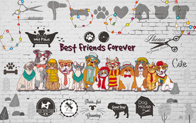 砖墙可爱小猫小狗宠物店工装背景