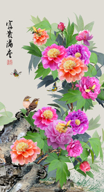 原创玄关牡丹花鸟装饰画背景墙