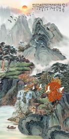 原创玄关水墨山水流水生财装饰画