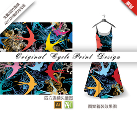 矢量彩绘线条燕子菊花四方连续