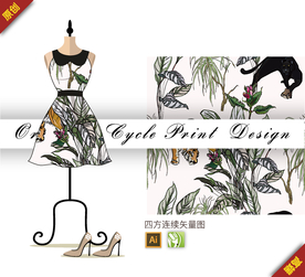 中国风虎豹丛林四方连续